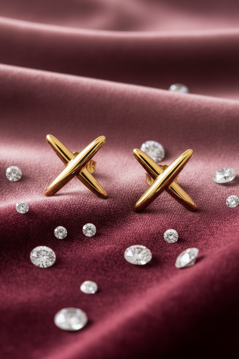 Boucles d'oreilles croix dorées sur tissu bordeaux avec diamants