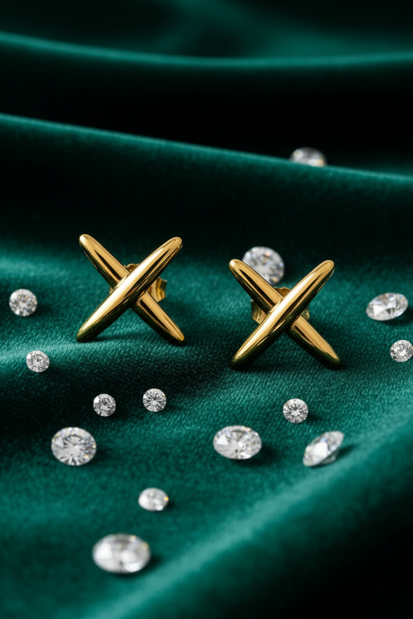 Boucles d'oreilles croix dorées sur velours vert émeraude avec diamants