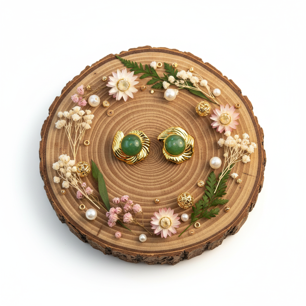 Boucles d'oreilles sur planche en bois avec décorations