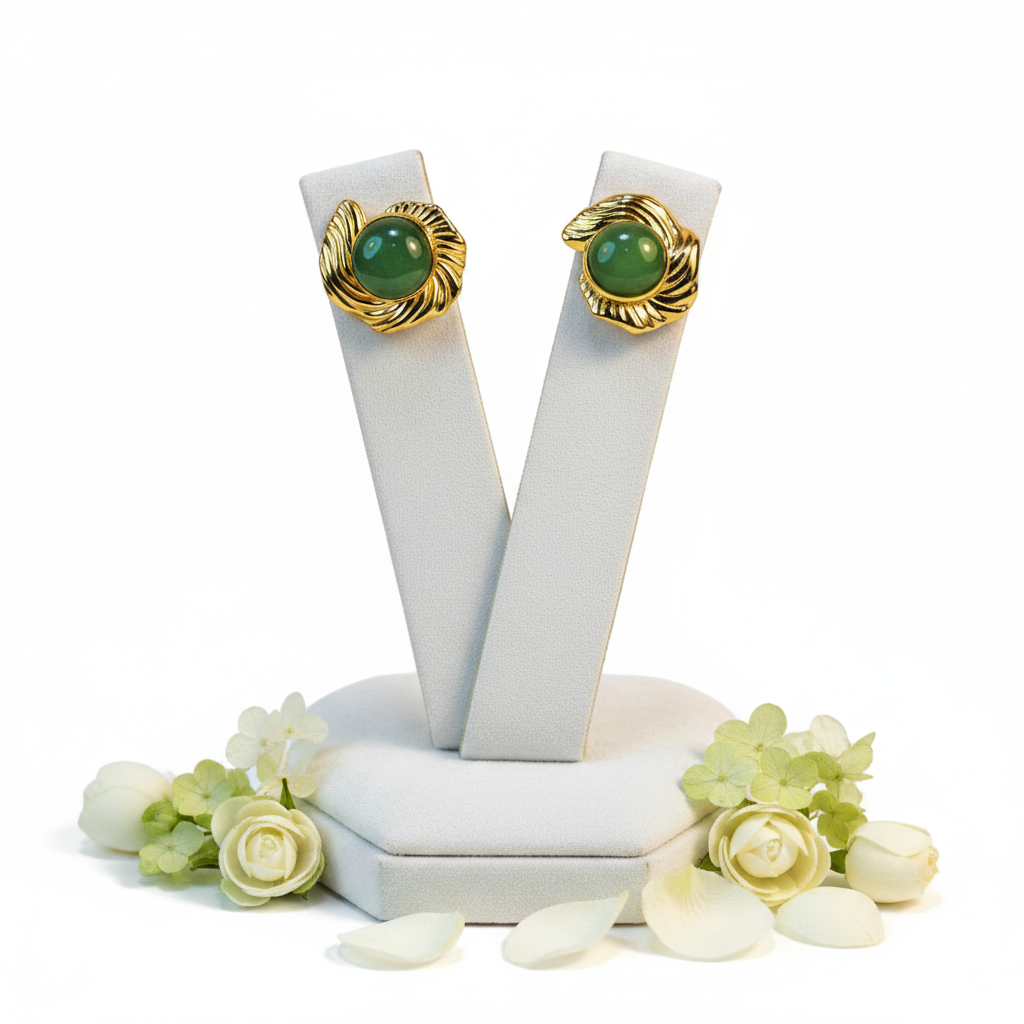 Boucles d'oreilles sur présentoir avec fleurs – fond blanc