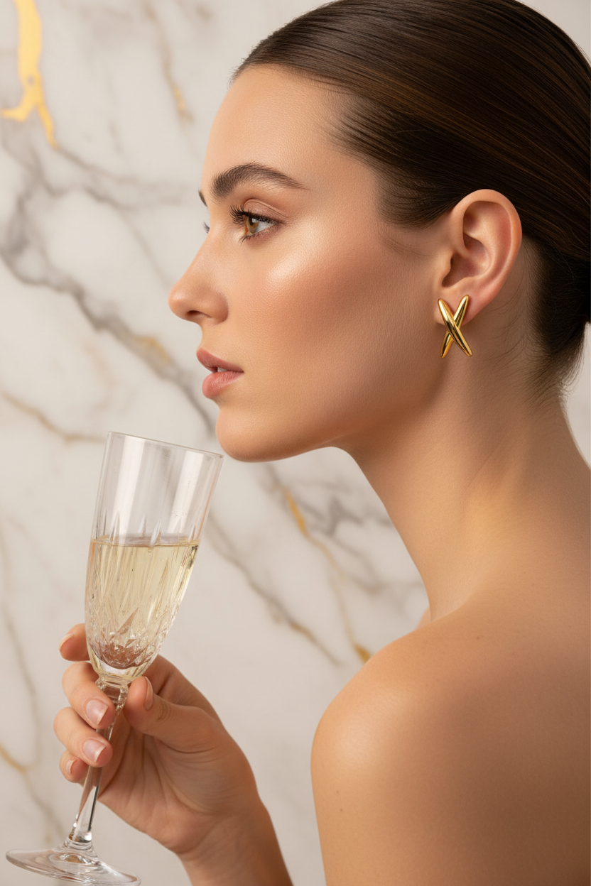 Femme portant les boucles X dorées avec un verre de champagne