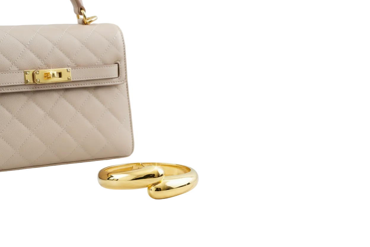 Bracelet jonc doré sur table avec sac à main