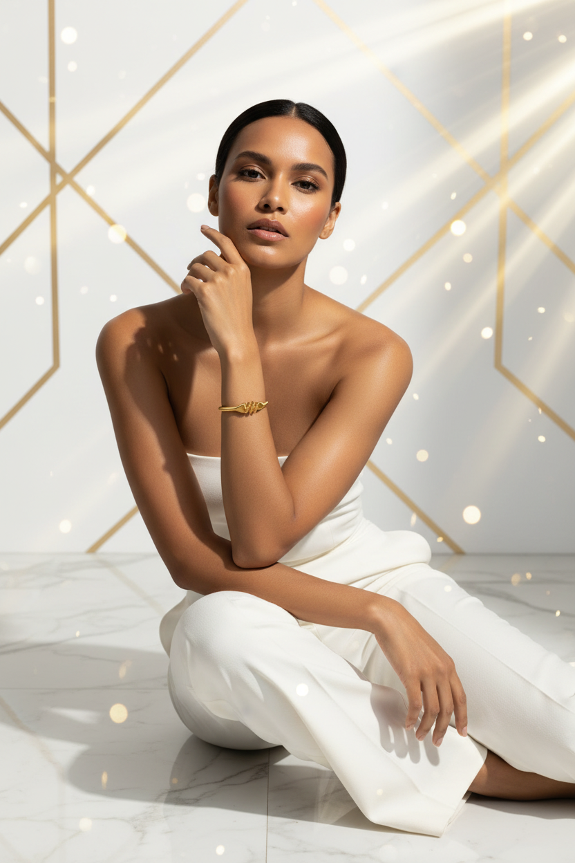 Campagne joaillerie – Femme assise fond blanc & doré