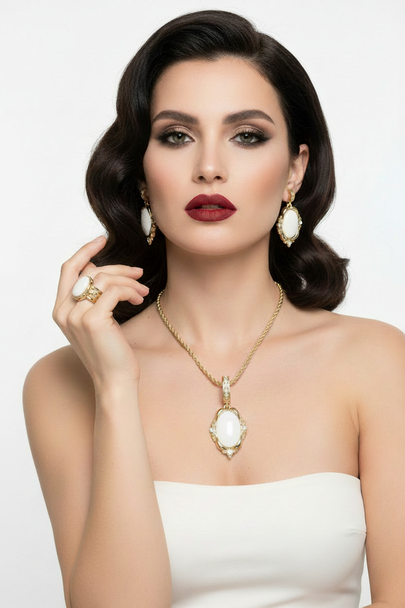 Femme élégante collier mis en valeur fond blanc