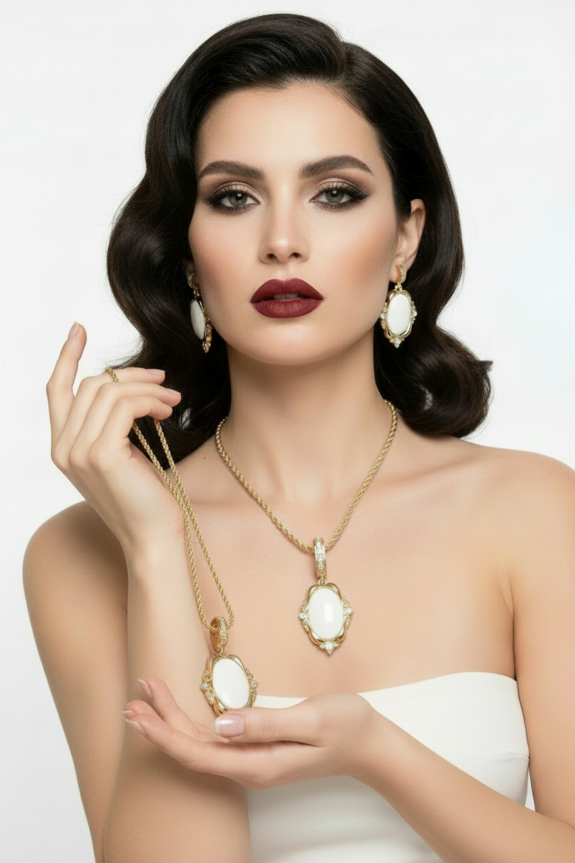 Femme présentant collier et boucles d'oreilles dorés
