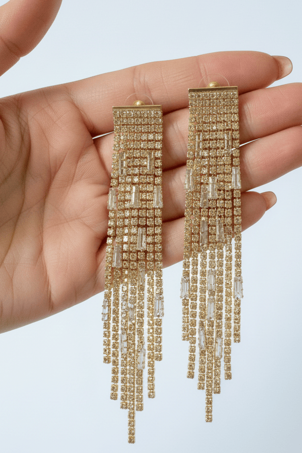 Halisah bijoux Boucles d'oreilles longues dorées à strass style cascade pour mariage