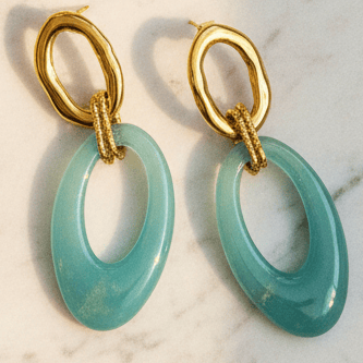 Halisah bijoux Boucles-doreilles pendantes turquoise et dorées acier inoxydable hypoallergéniques 