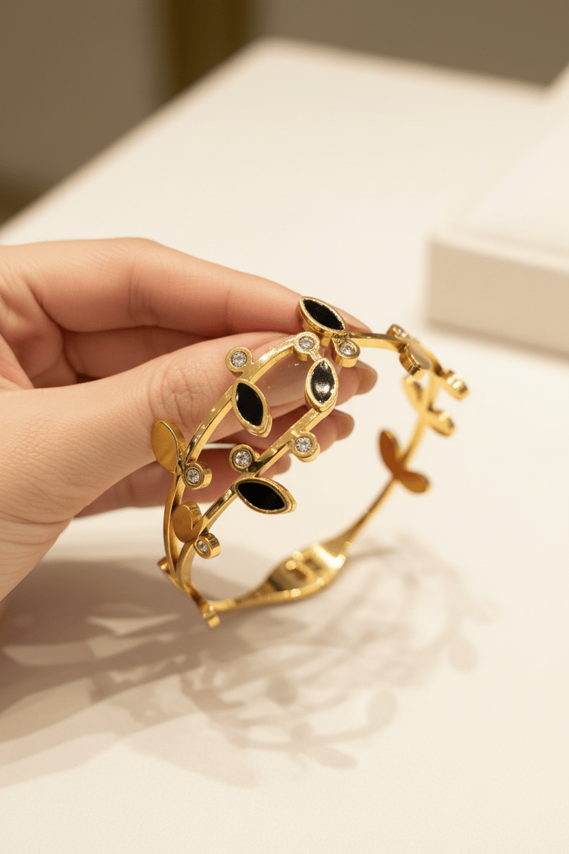 Halisah bijoux Bracelet jonc email noir cristaux Acier inox femme 