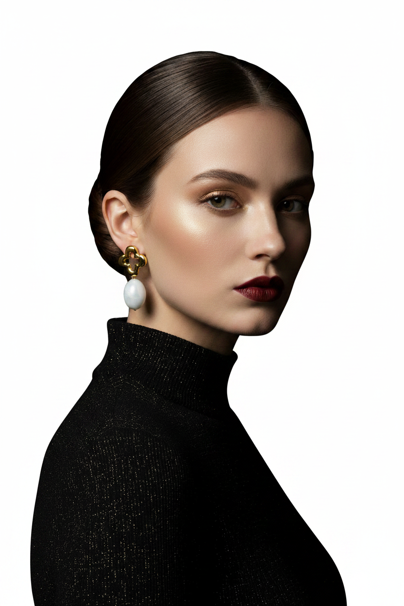 Jeune femme séduisante fond blanc avec boucles d'oreilles