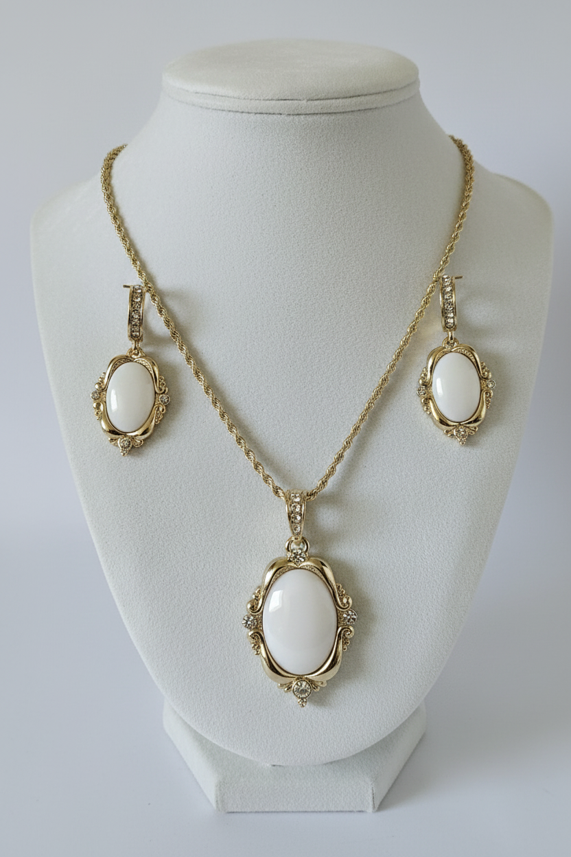 Parure dorée sur présentoir bijoux
