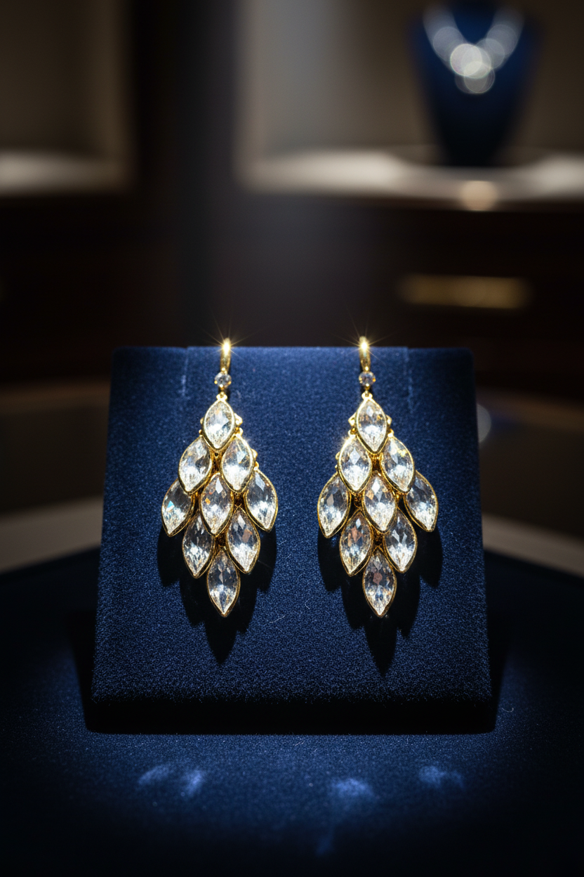Scène joaillerie - Boucles cristal sur velours marine