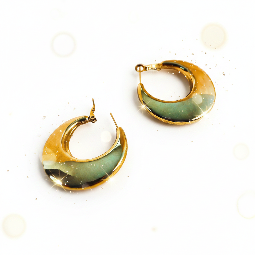Scène joaillerie fond blanc – Créoles dorées